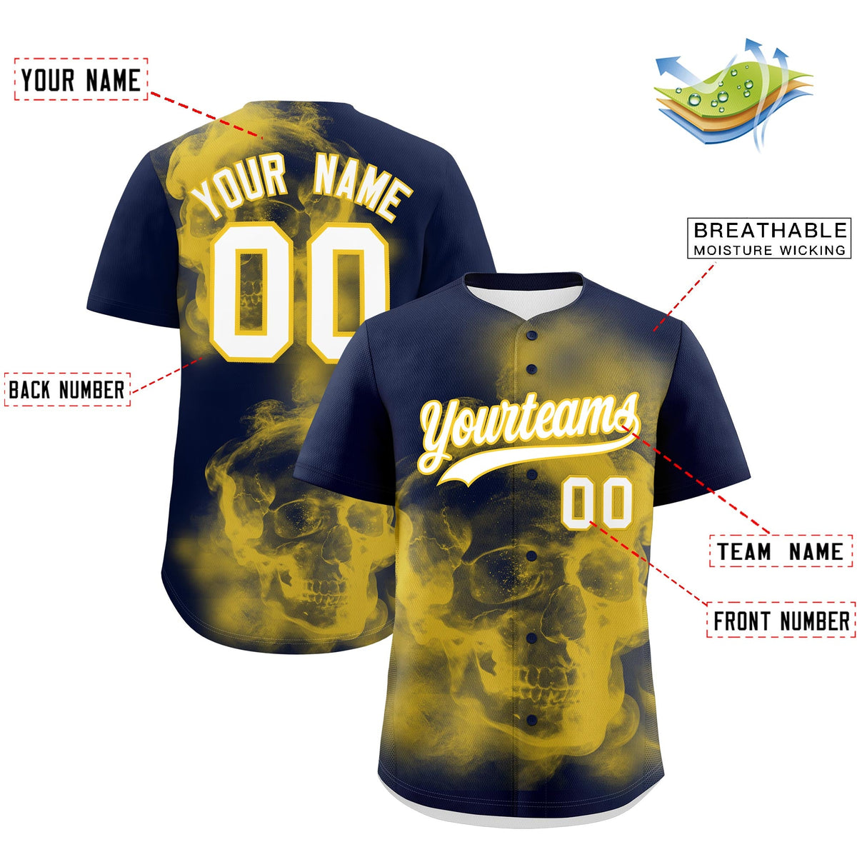 Custom Navy Gold White skeleton Graffiti Pattern Quick Dry Baseball Jersey| KXKSHOP