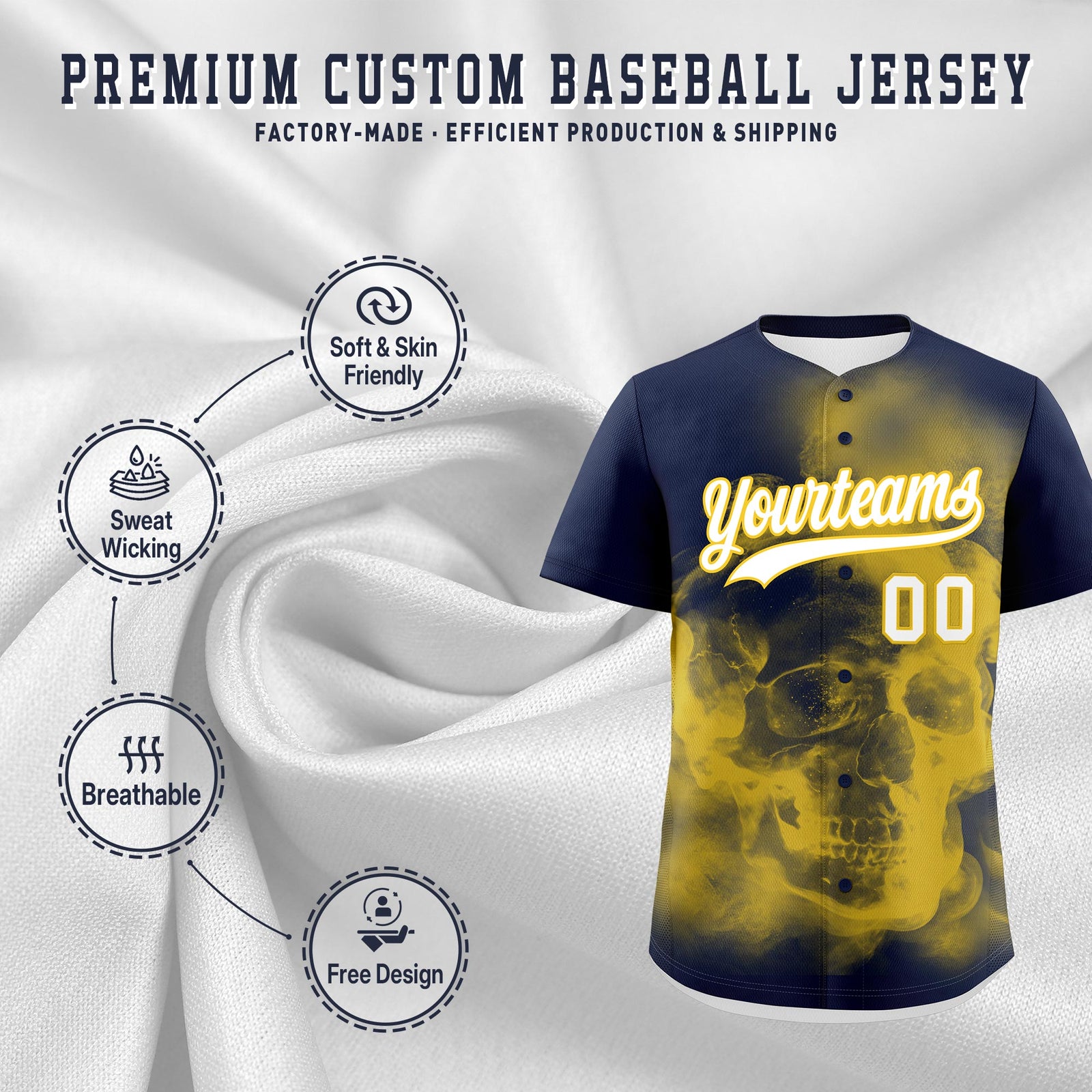 Custom Navy Gold White skeleton Graffiti Pattern Quick Dry Baseball Jersey| KXKSHOP