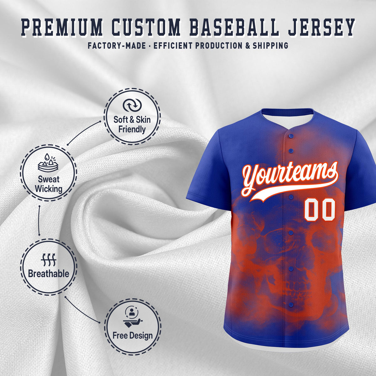 Custom Royal Blue Orange White skeleton Graffiti Pattern Quick Dry Baseball Jersey| KXKSHOP