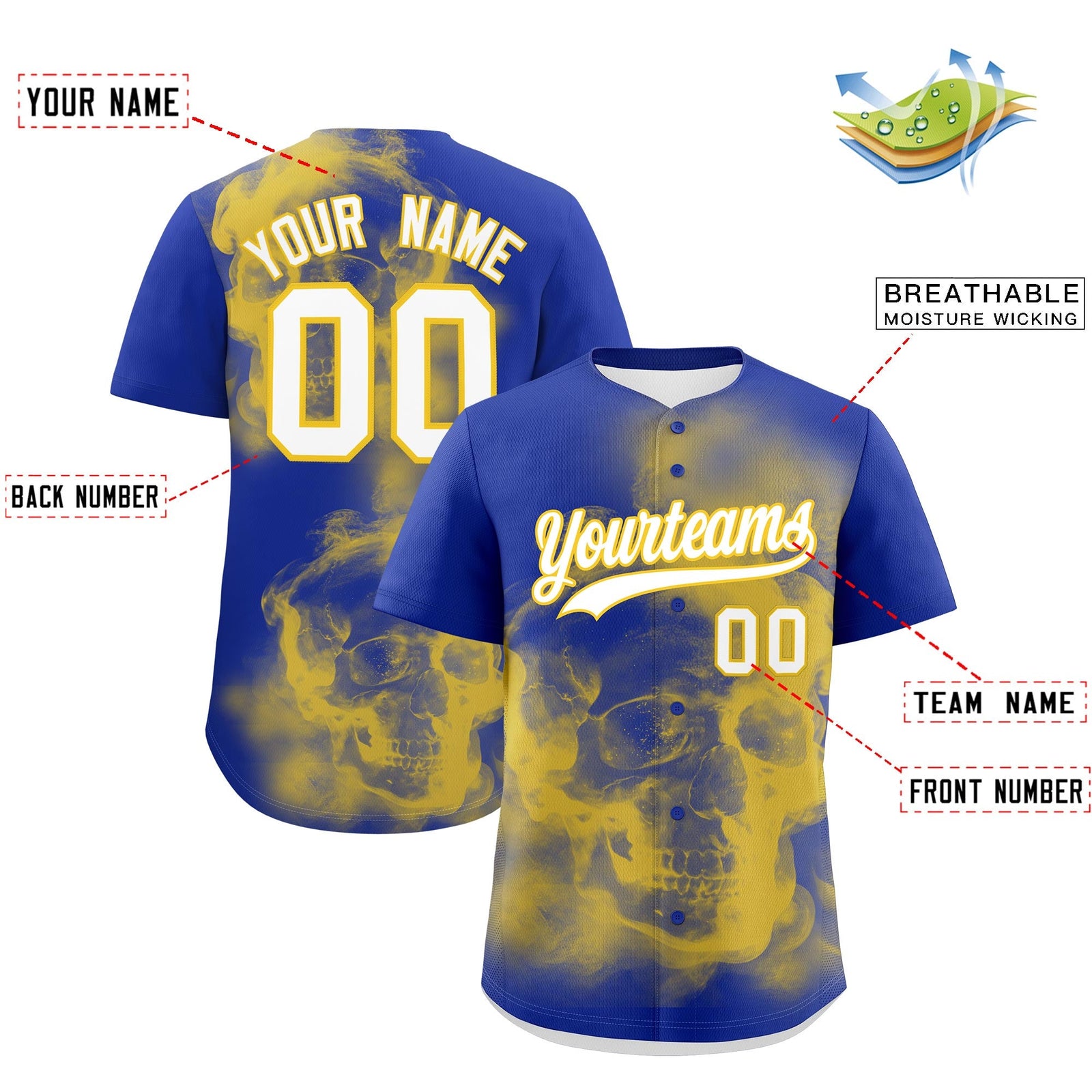 Custom Royal Blue Gold White skeleton Graffiti Pattern Lightweight Baseball Jersey| KXKSHOP