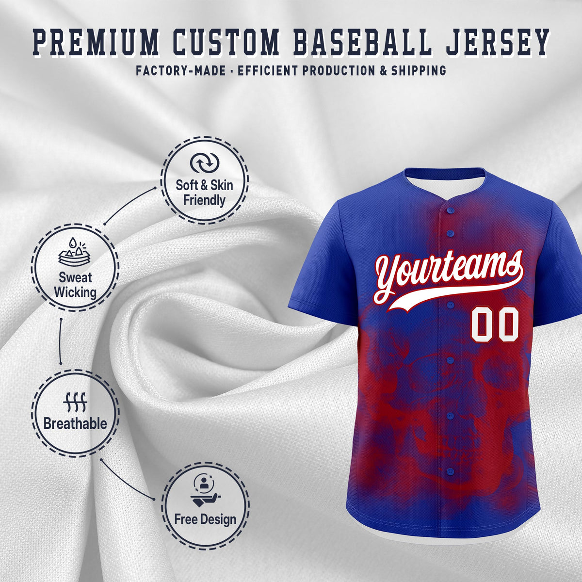 Custom Royal Blue Red White skeleton Graffiti Pattern Quick Dry Baseball Jersey| KXKSHOP