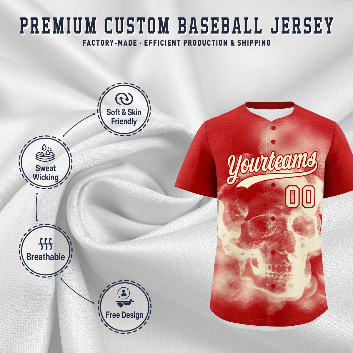 Custom Red Cream skeleton Graffiti Pattern Quick Dry Baseball Jersey| KXKSHOP