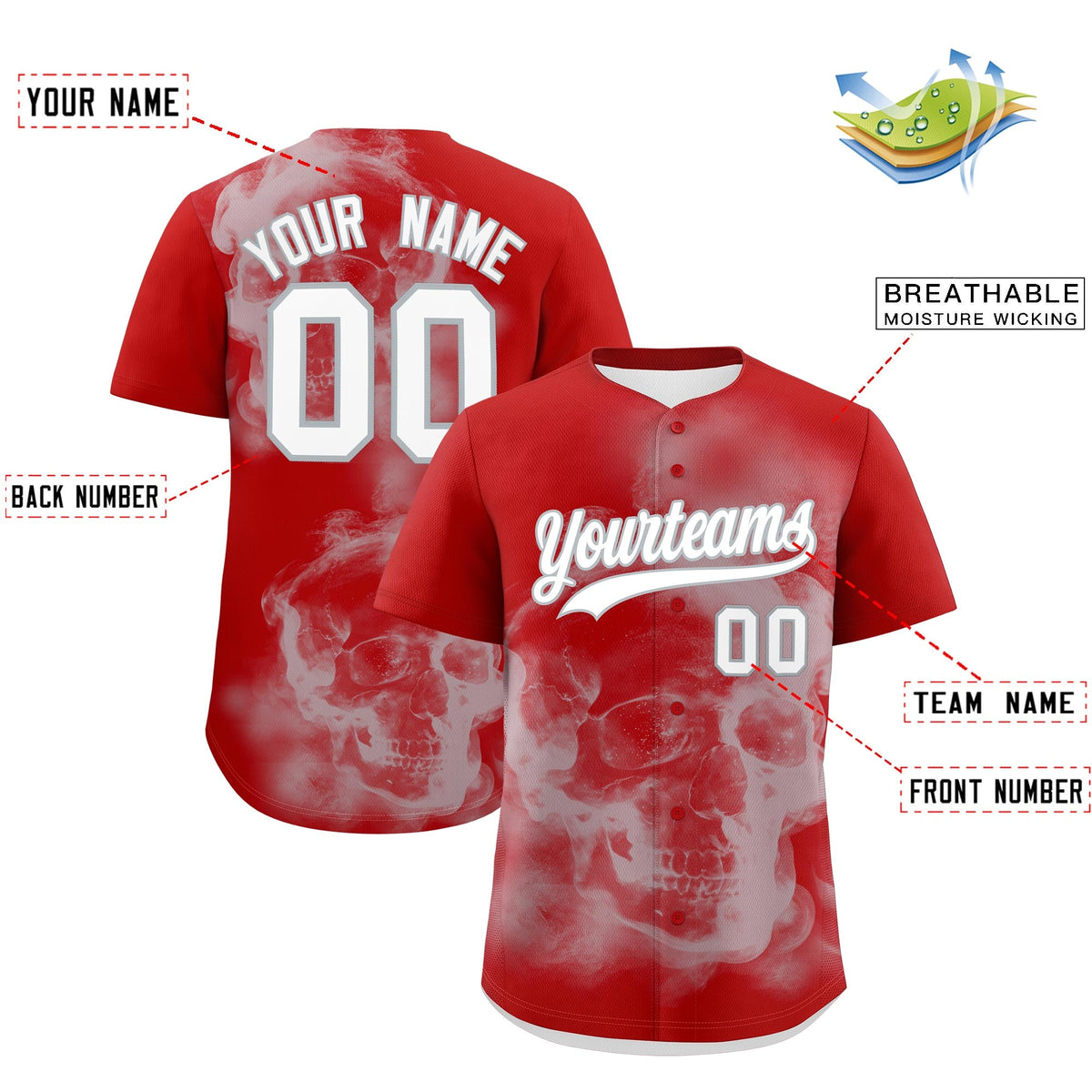 Custom Red Silver White skeleton Graffiti Pattern Lightweight Baseball Jersey| KXKSHOP