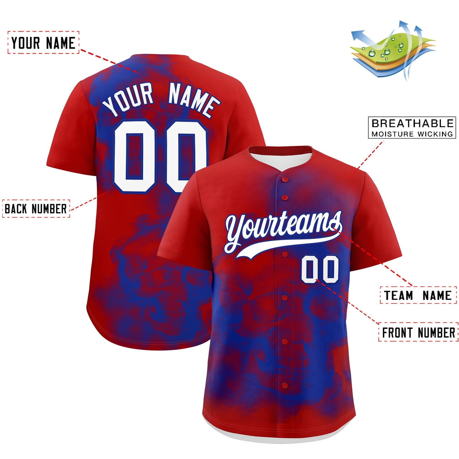 Custom Red Royal Blue White skeleton Graffiti Pattern Lightweight Baseball Jersey| KXKSHOP