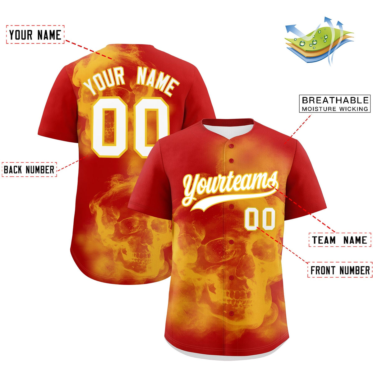 Custom Red Gold White skeleton Graffiti Pattern Quick Dry Baseball Jersey| KXKSHOP