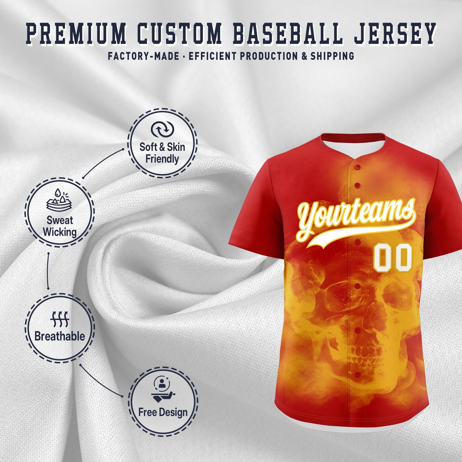 Custom Red Gold White skeleton Graffiti Pattern Quick Dry Baseball Jersey| KXKSHOP