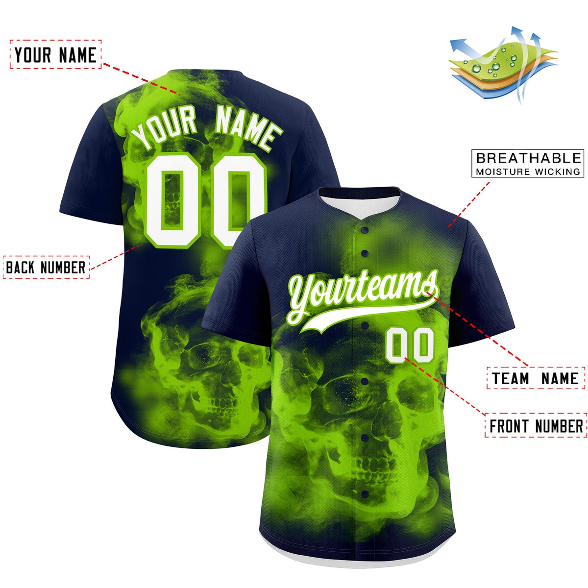 Custom Navy Neon Green White skeleton Graffiti Pattern Lightweight Baseball Jersey| KXKSHOP
