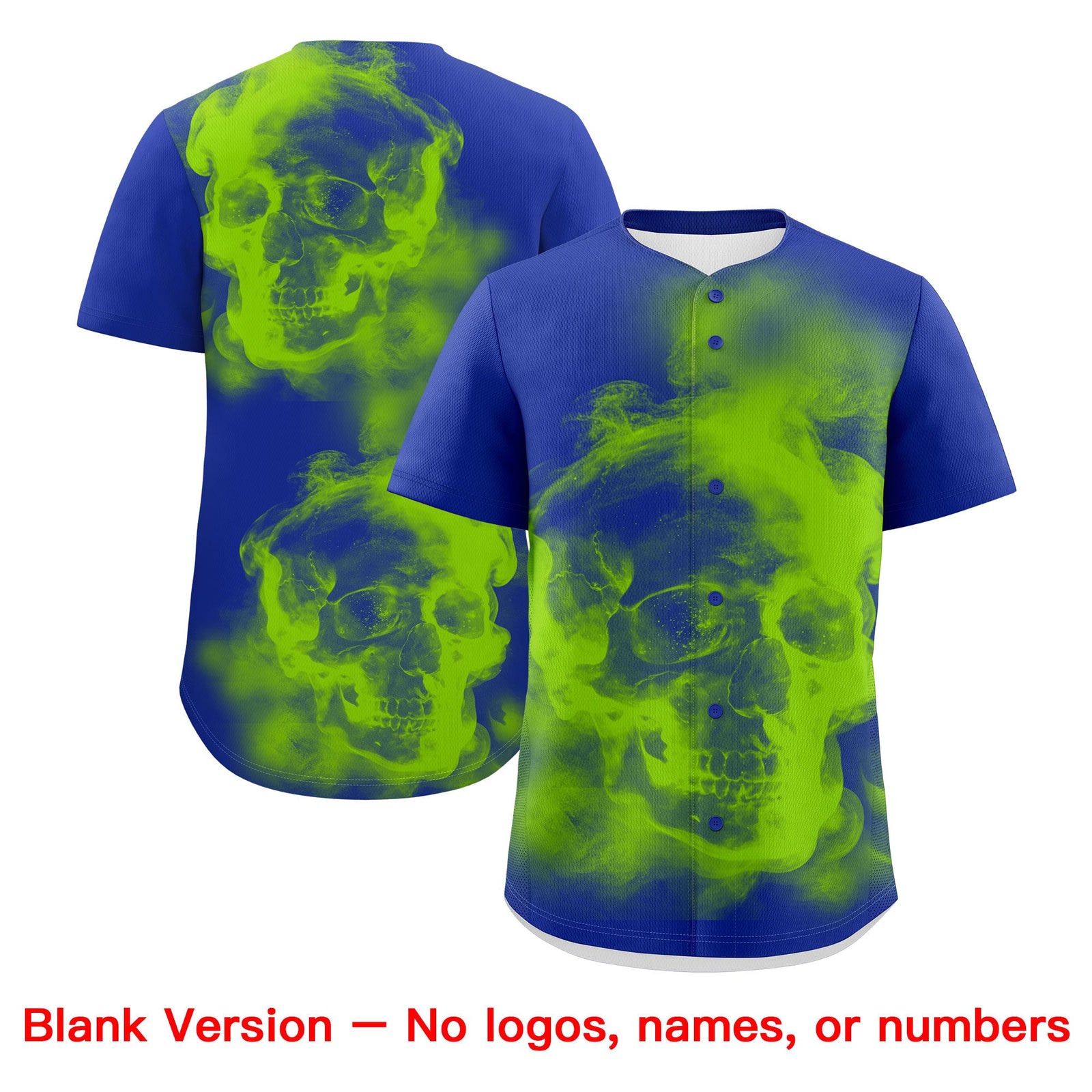 Custom Royal Blue Neon Green White skeleton Graffiti Pattern Quick Dry Baseball Jersey| KXKSHOP