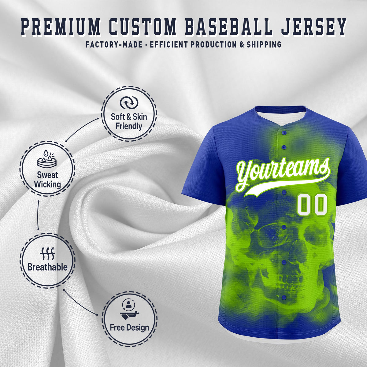Custom Royal Blue Neon Green White skeleton Graffiti Pattern Quick Dry Baseball Jersey| KXKSHOP