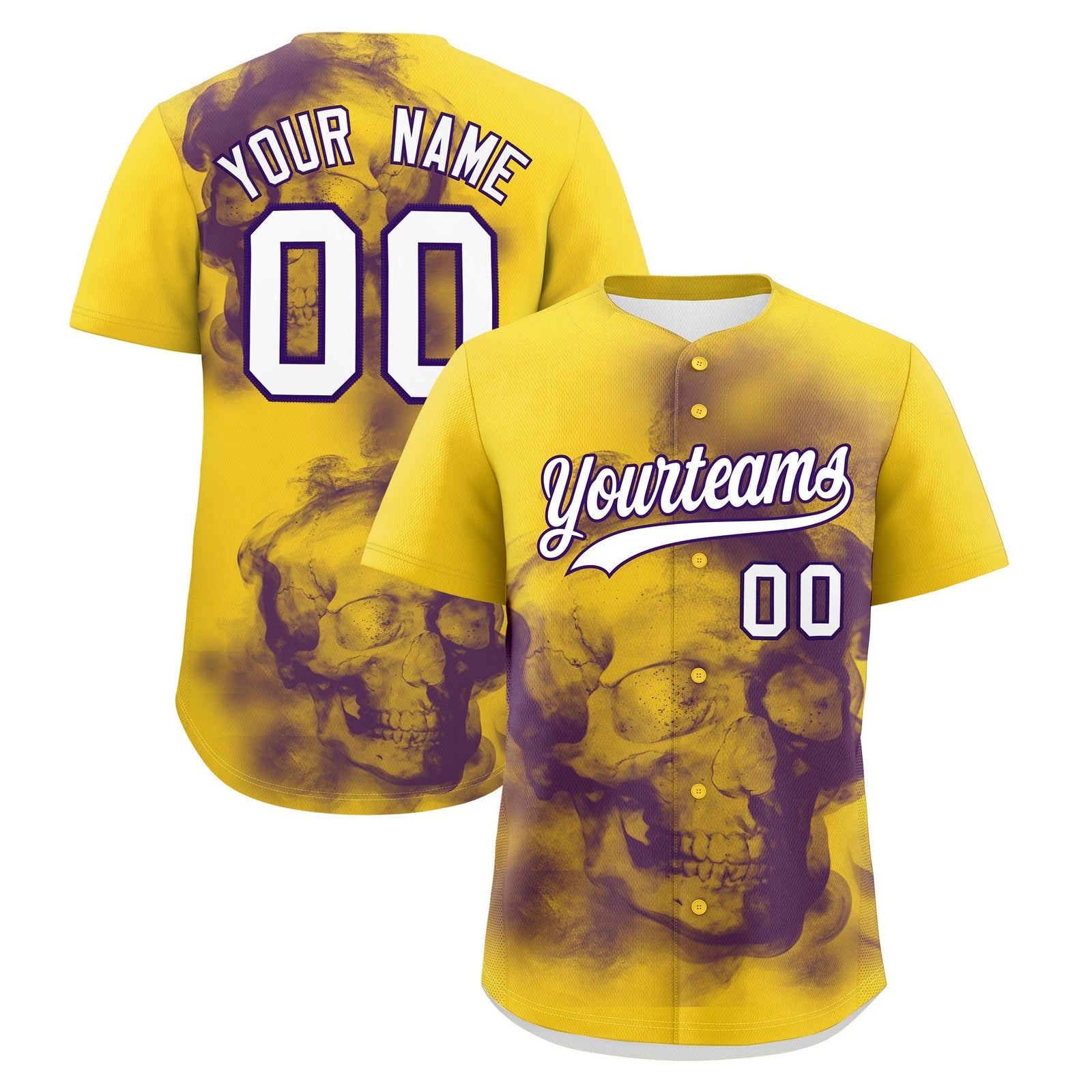 Custom Gold Purple White skeleton Graffiti Pattern Quick Dry Baseball Jersey| KXKSHOP