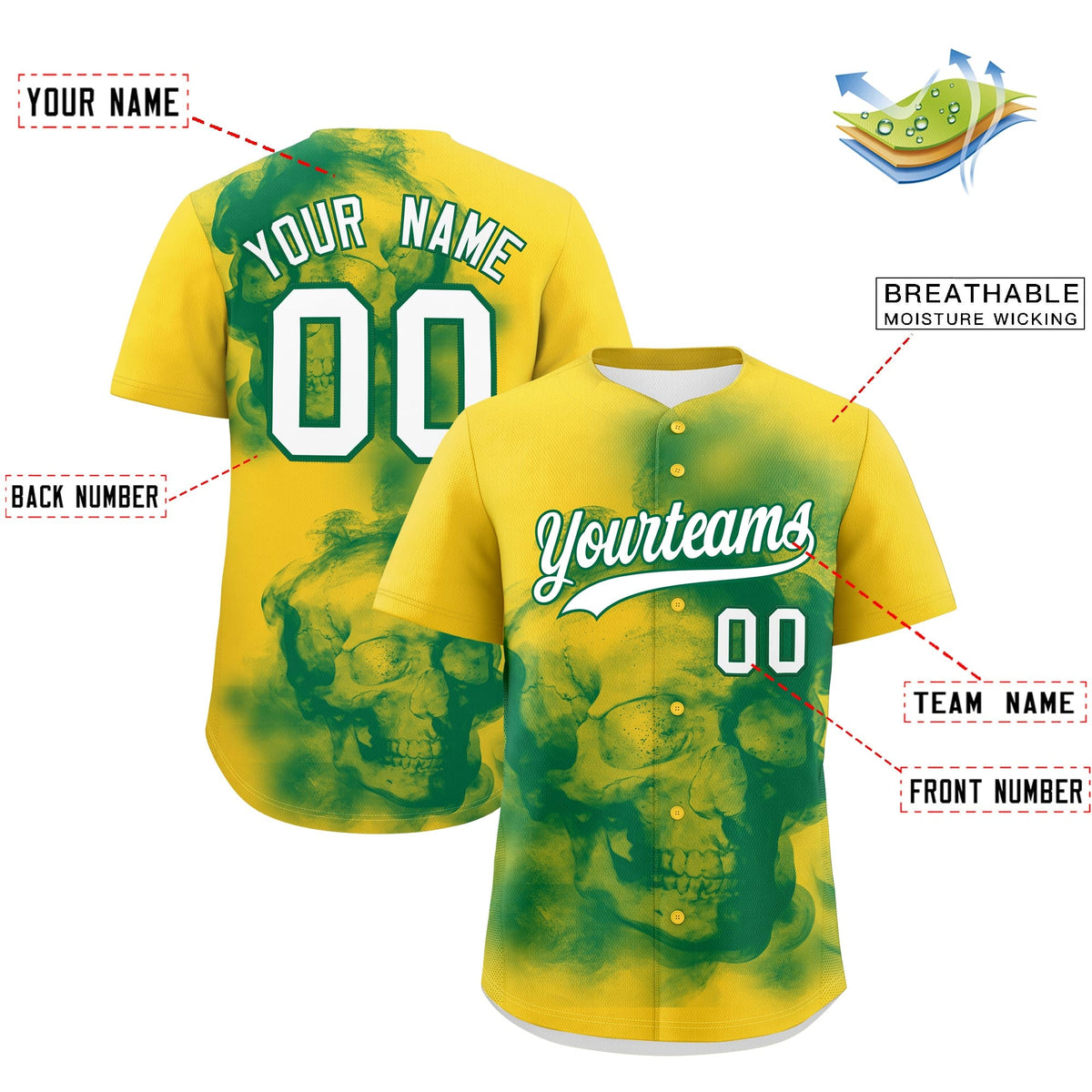 Custom Gold Kelly Green White skeleton Graffiti Pattern Lightweight Baseball Jersey| KXKSHOP