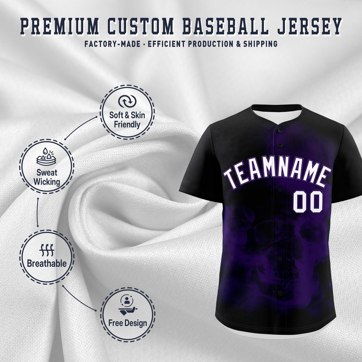 Custom Black Purple White skeleton Graffiti Pattern Quick Dry Baseball Jersey| KXKSHOP