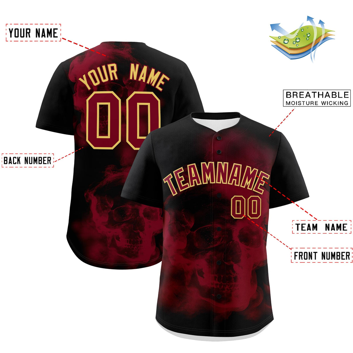 Custom Black Crimson Khaki skeleton Graffiti Pattern Lightweight Baseball Jersey| KXKSHOP