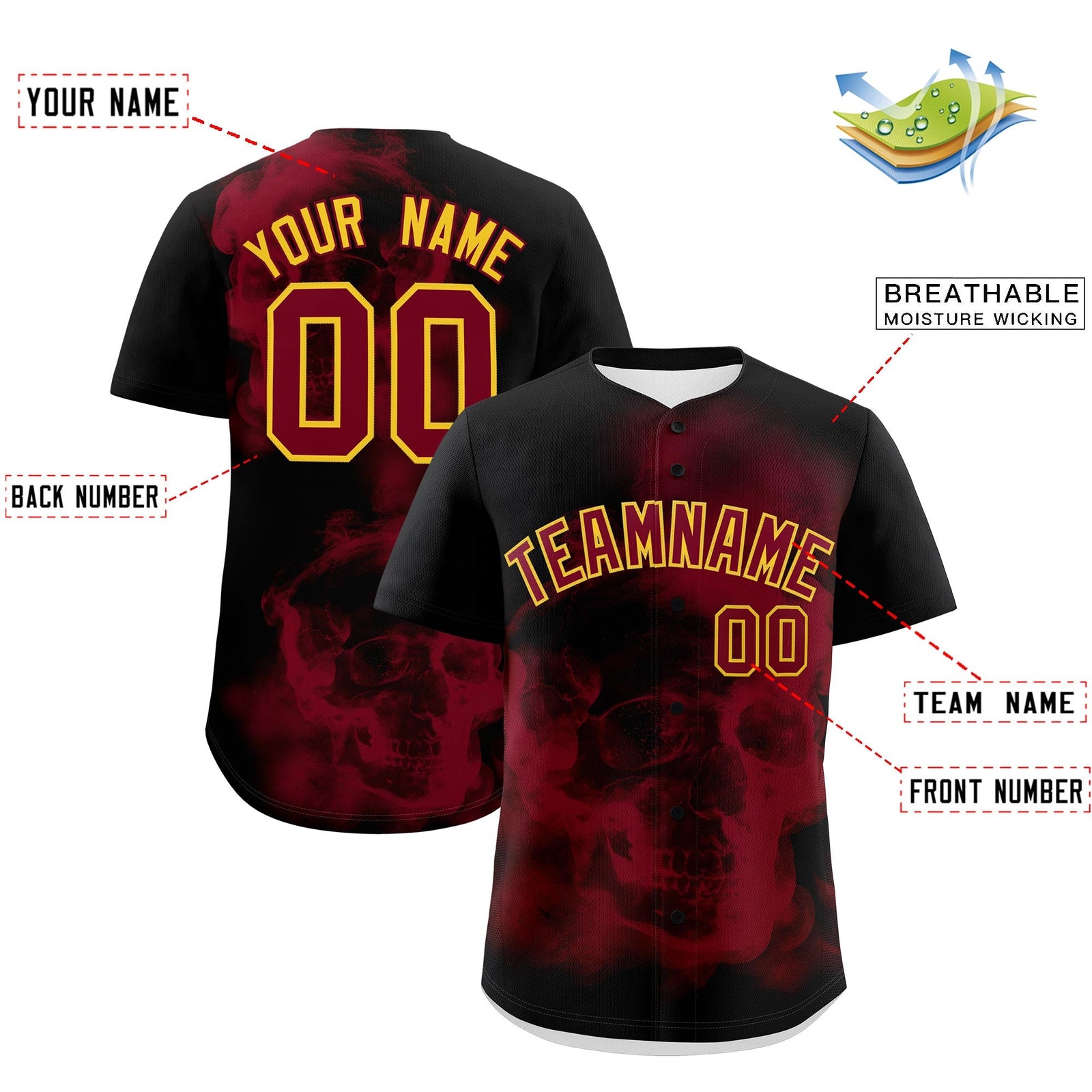 Custom Black Crimson Khaki skeleton Graffiti Pattern Quick Dry Baseball Jersey| KXKSHOP
