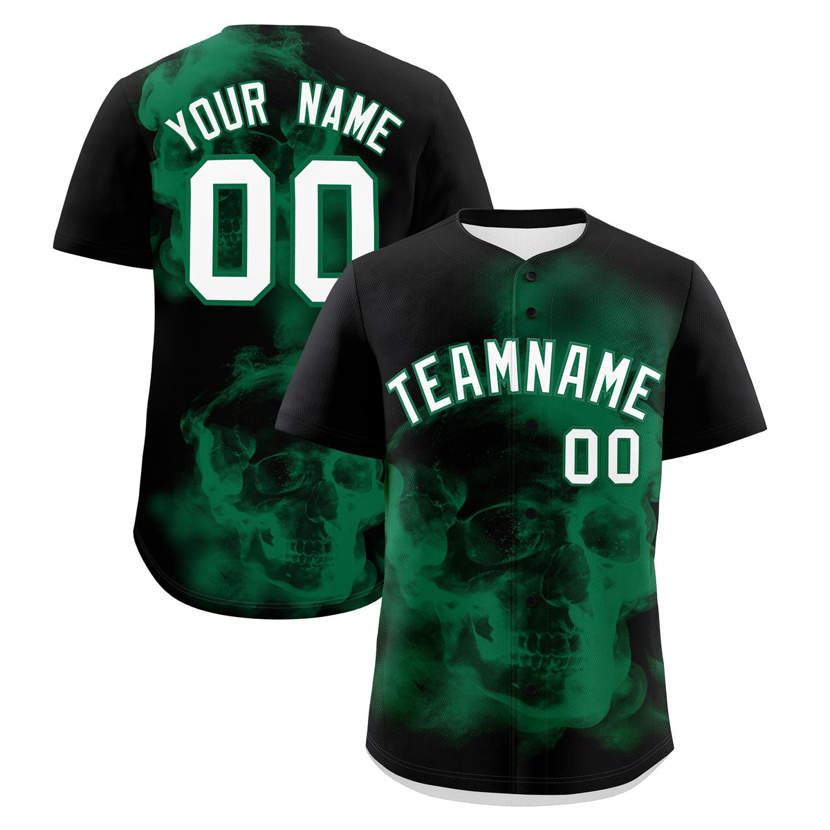 Custom Black Kelly Green White skeleton Graffiti Pattern Quick Dry Baseball Jersey| KXKSHOP