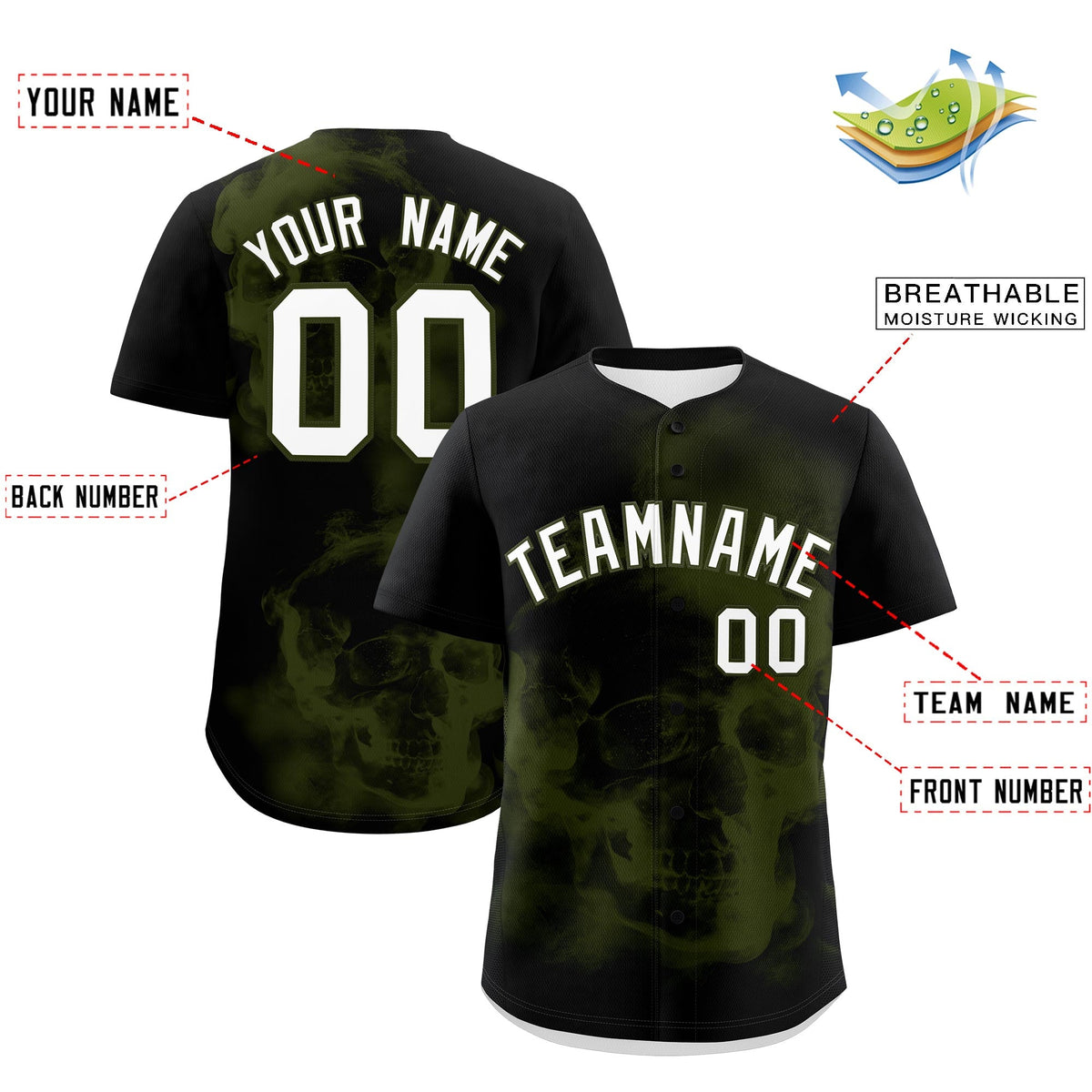 Custom Black Olive White skeleton Graffiti Pattern Lightweight Baseball Jersey| KXKSHOP