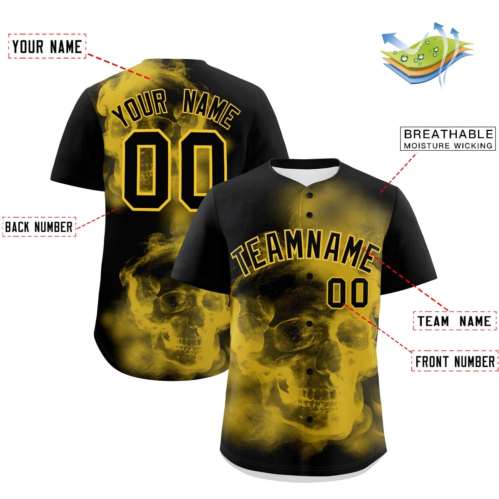 Custom Black Gold skeleton Graffiti Pattern Lightweight Baseball Jersey| KXKSHOP