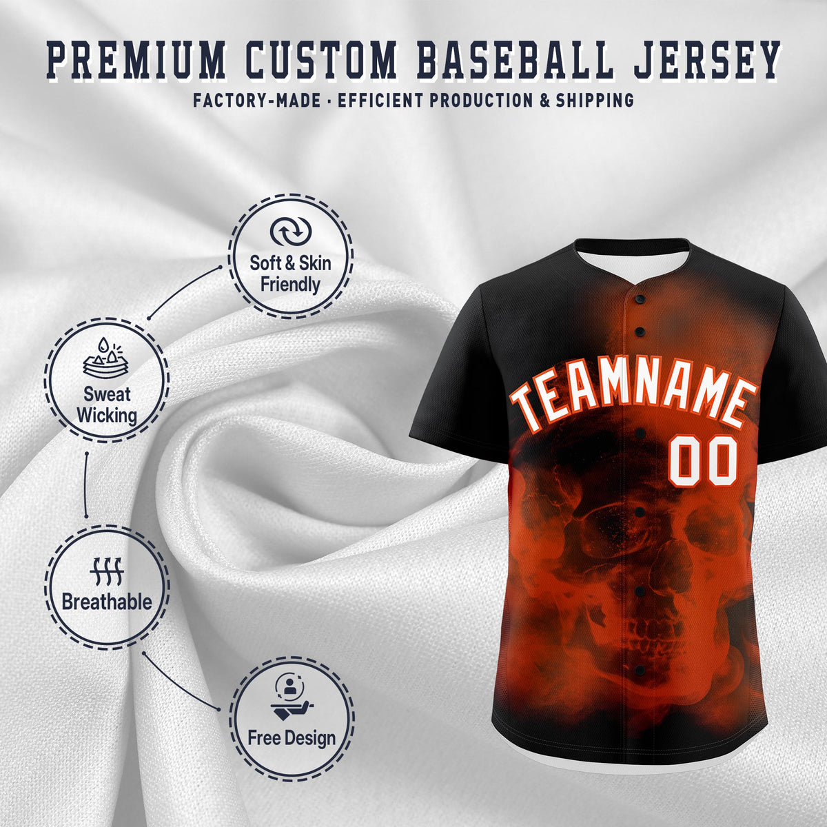 Custom Black Orange White skeleton Graffiti Pattern Quick Dry Baseball Jersey| KXKSHOP