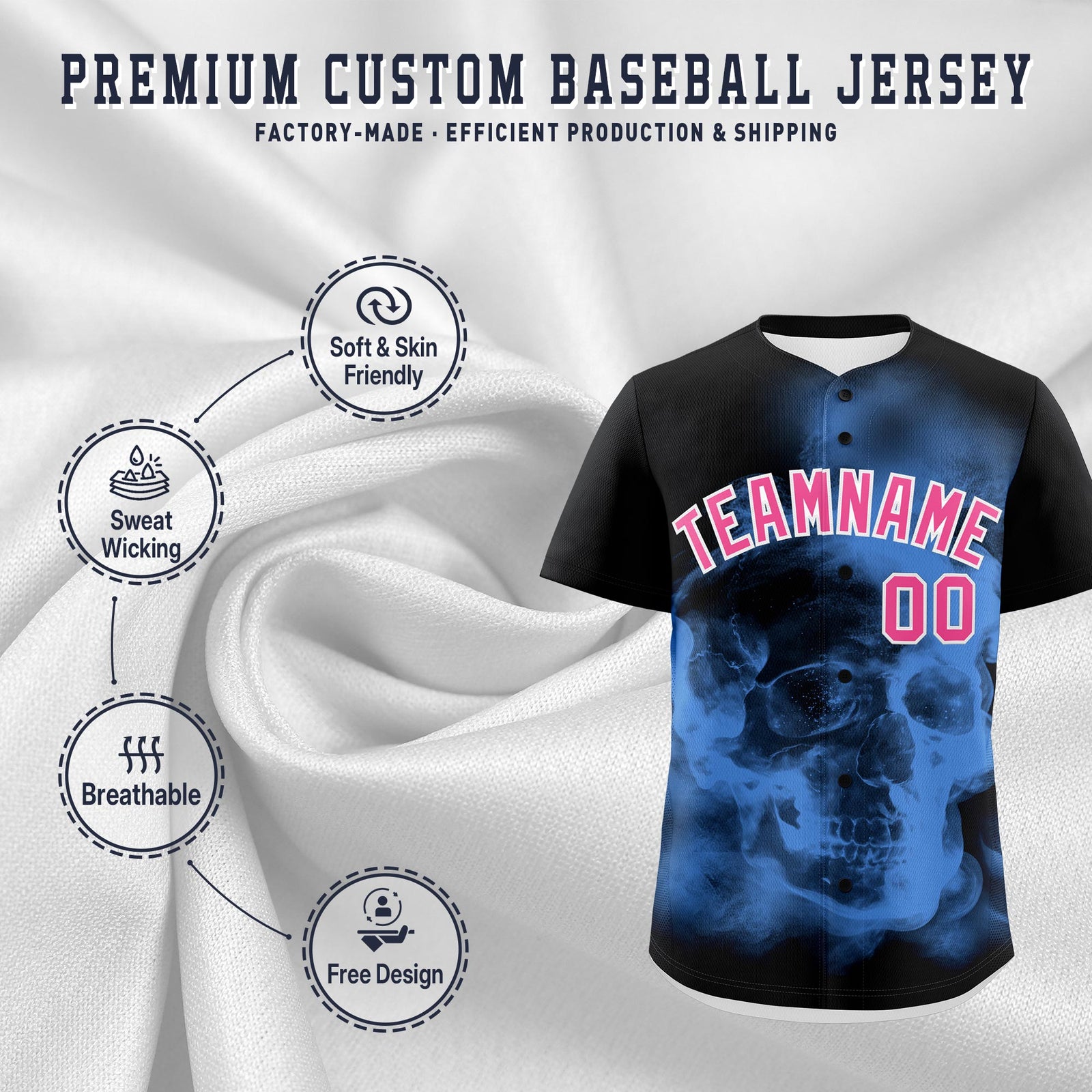 Custom Black Powder Blue Pink skeleton Graffiti Pattern Quick Dry Baseball Jersey| KXKSHOP