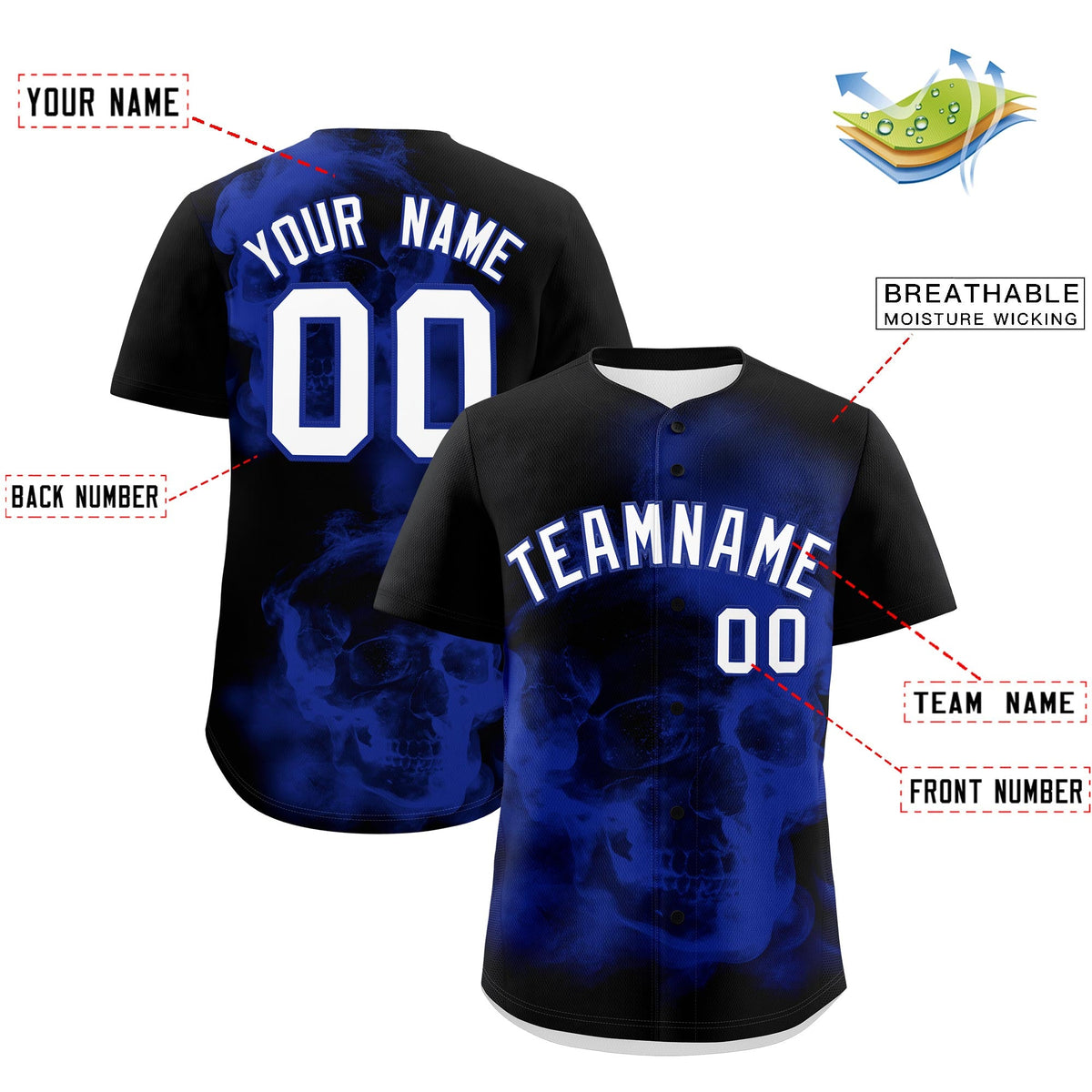 Custom Black Royal Blue White skeleton Graffiti Pattern Lightweight Baseball Jersey| KXKSHOP