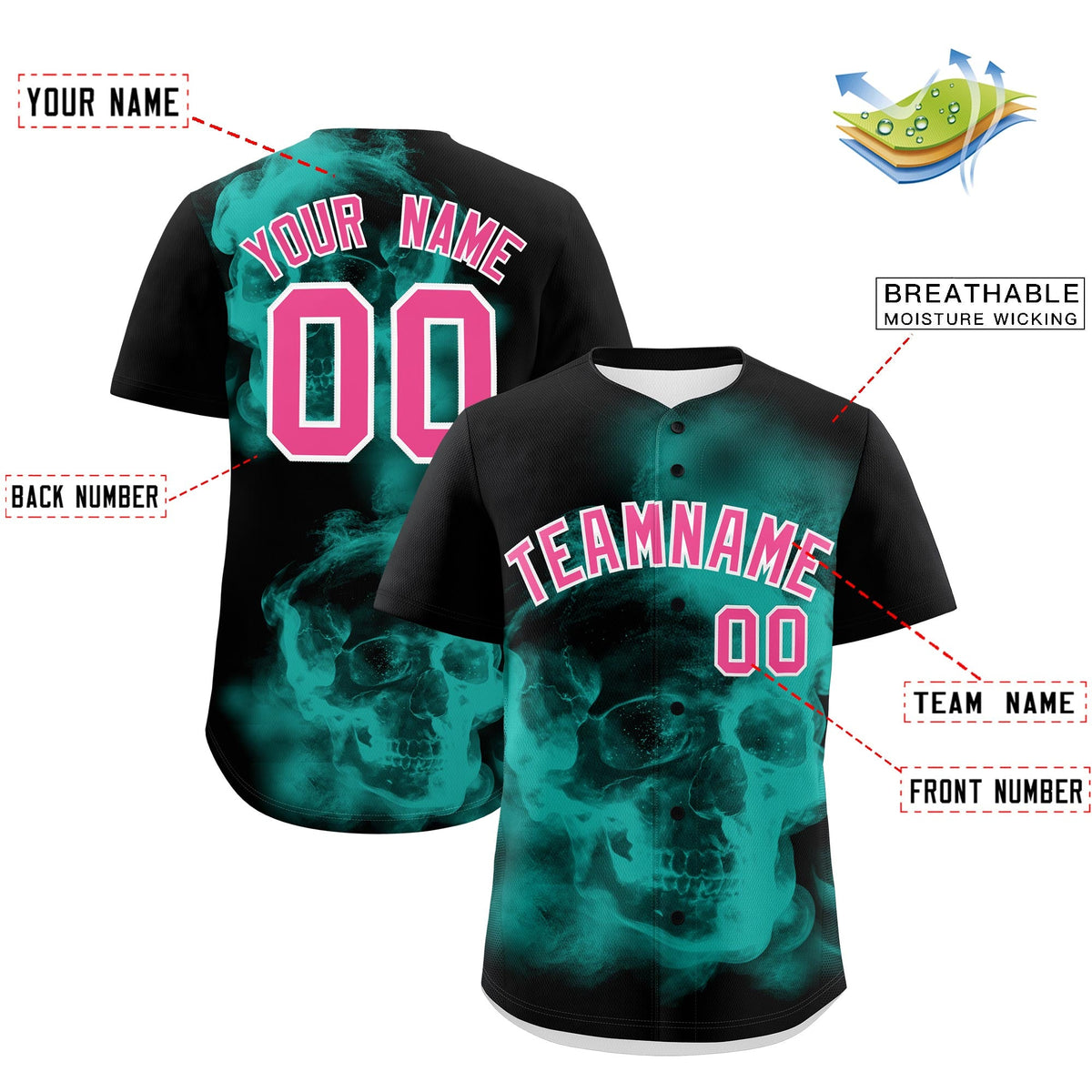 Custom Black Aqua Pink skeleton Graffiti Pattern Lightweight Baseball Jersey| KXKSHOP