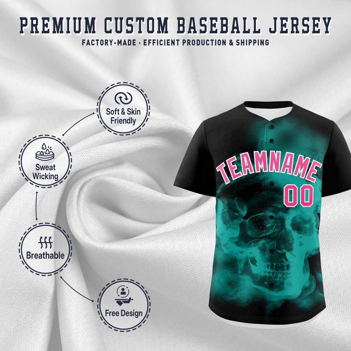 Custom Black Aqua Pink skeleton Graffiti Pattern Lightweight Baseball Jersey| KXKSHOP