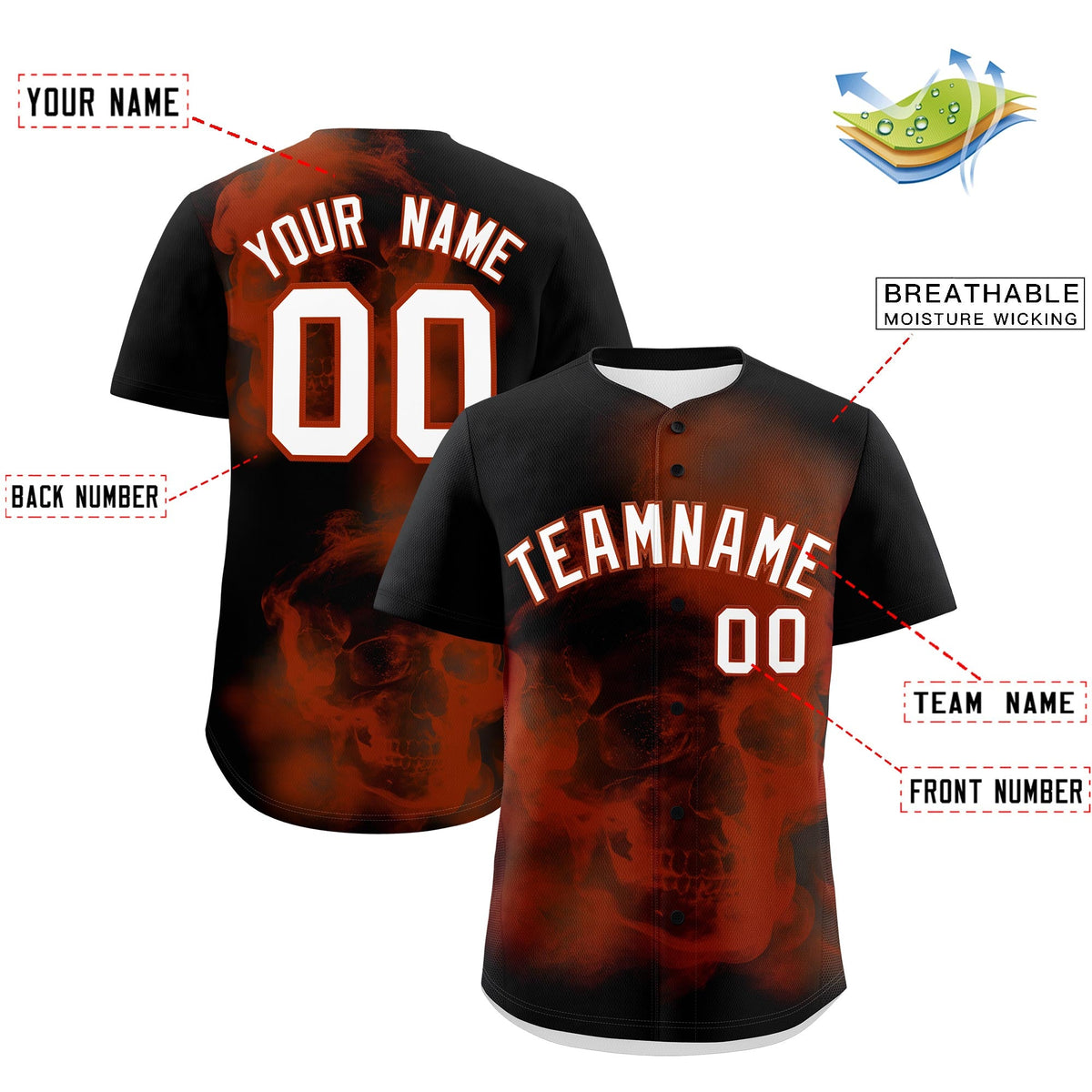 Custom Black Dark Orange White skeleton Graffiti Pattern Quick Dry Baseball Jersey| KXKSHOP