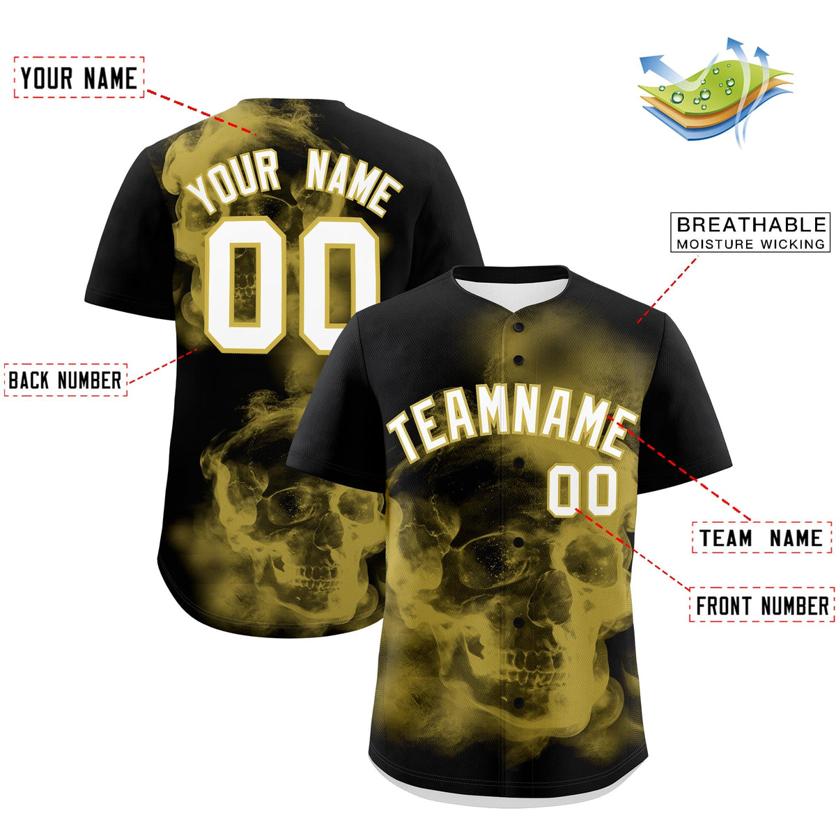 Custom Black Old Gold White skeleton Graffiti Pattern Lightweight Baseball Jersey| KXKSHOP