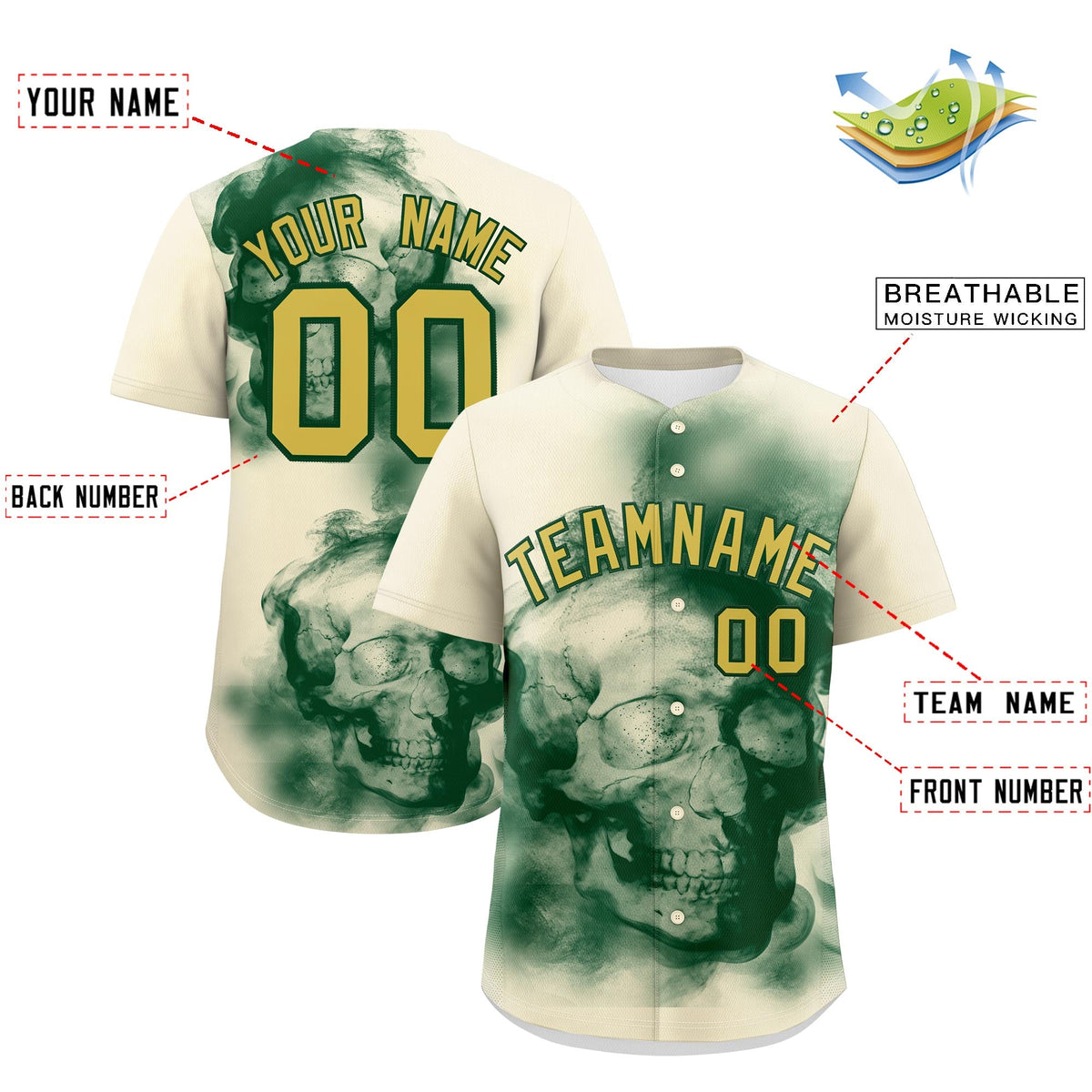 Custom Cream Dark Green Old Gold skeleton Graffiti Pattern Quick Dry Baseball Jersey| KXKSHOP