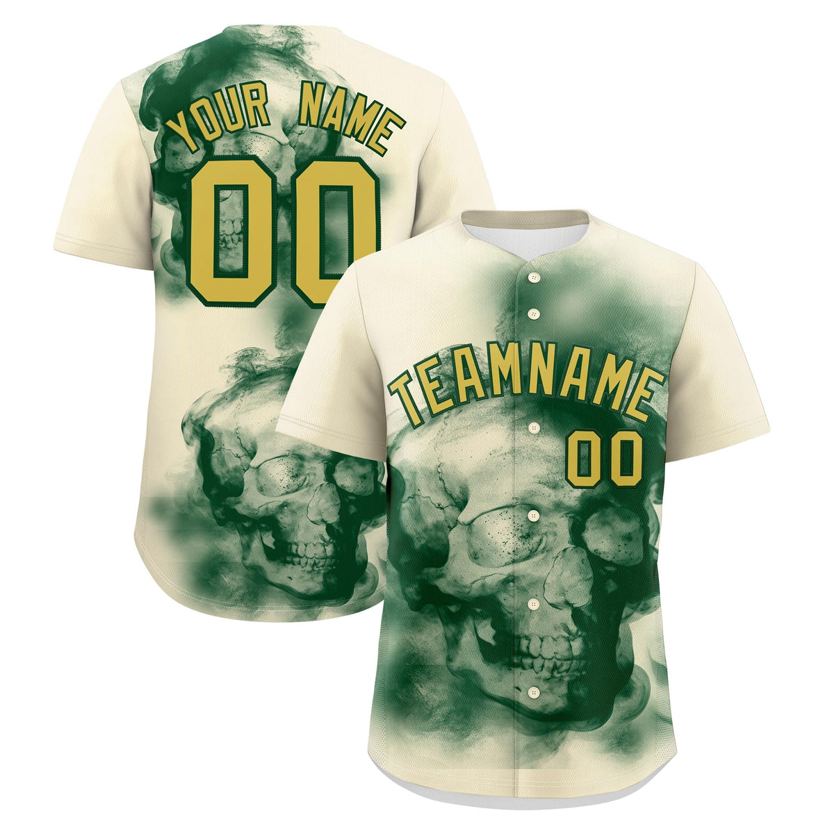 Custom Cream Dark Green Old Gold skeleton Graffiti Pattern Quick Dry Baseball Jersey| KXKSHOP