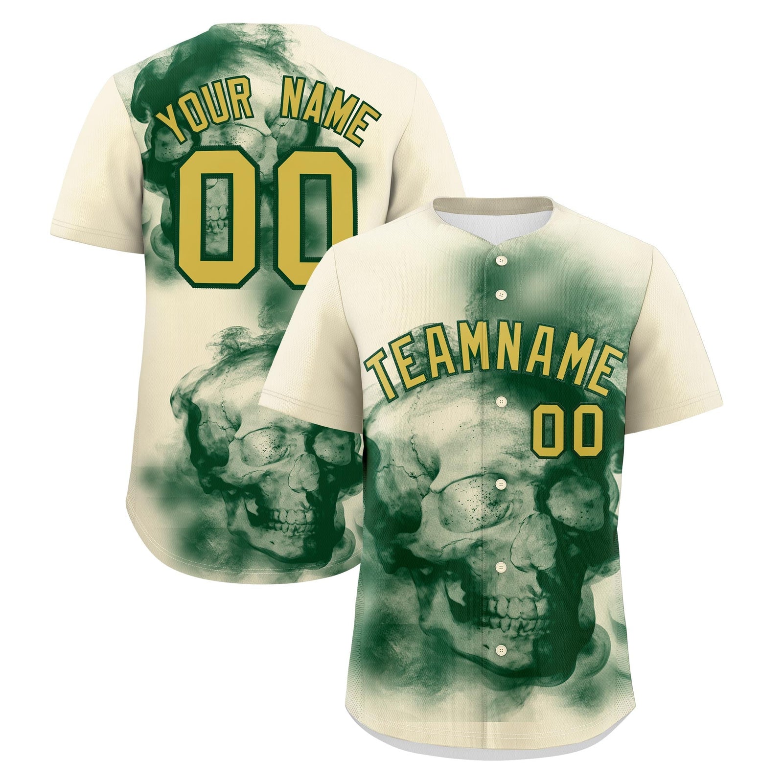 Custom Cream Dark Green Old Gold skeleton Graffiti Pattern Quick Dry Baseball Jersey| KXKSHOP