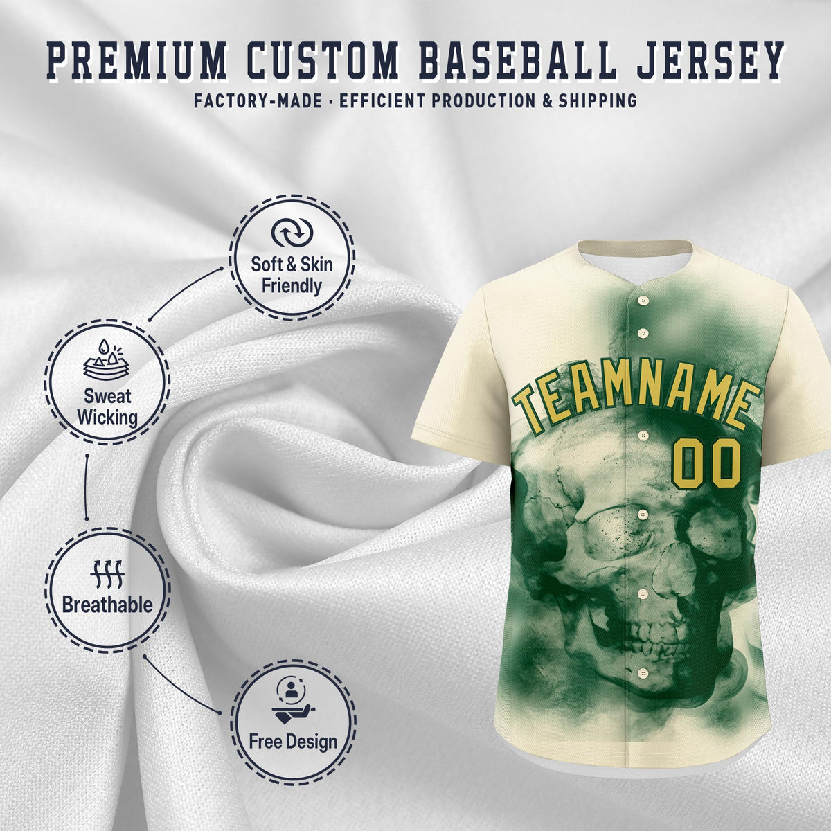 Custom Cream Dark Green Old Gold skeleton Graffiti Pattern Quick Dry Baseball Jersey| KXKSHOP