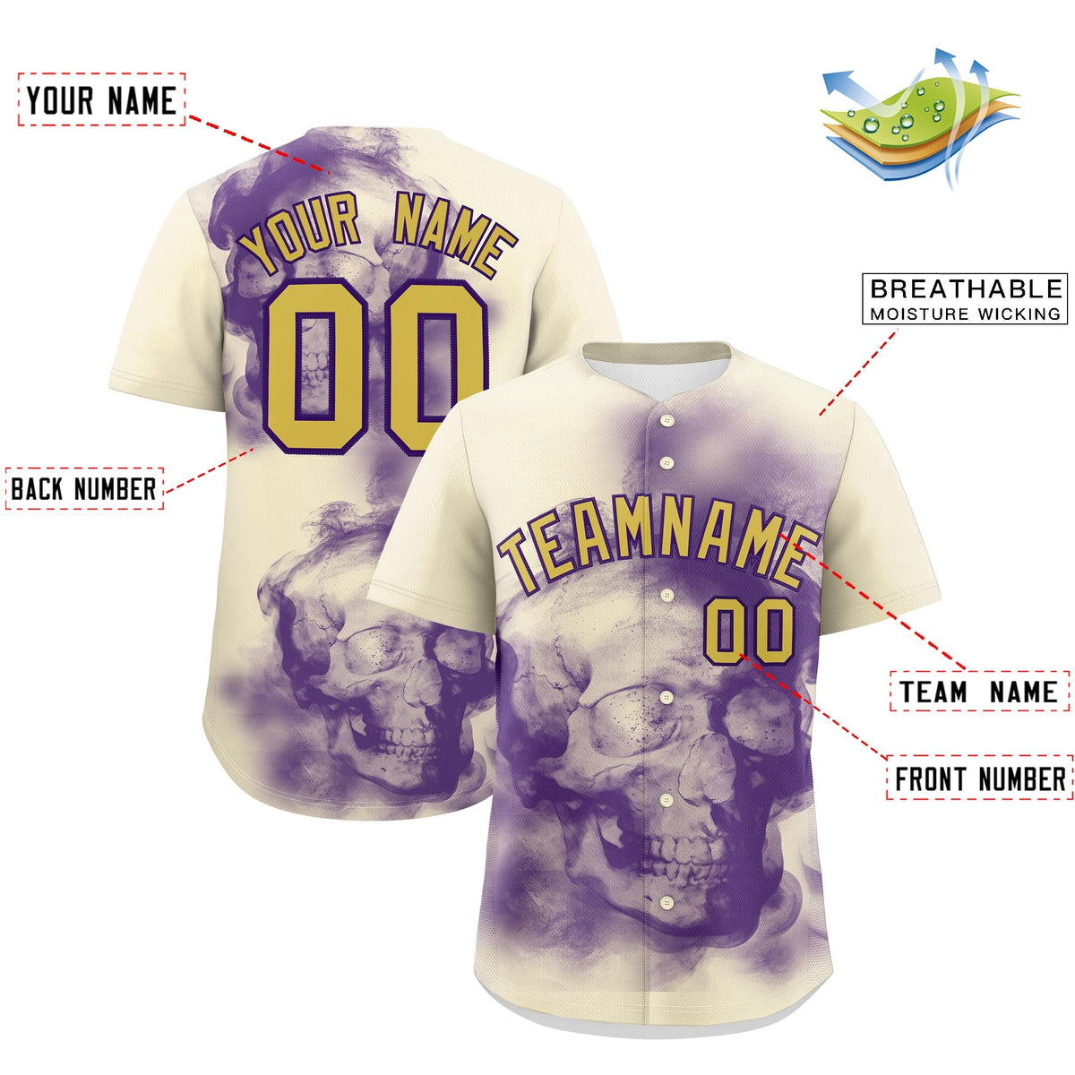 Custom Cream Purple Old Gold skeleton Graffiti Pattern Lightweight Baseball Jersey| KXKSHOP