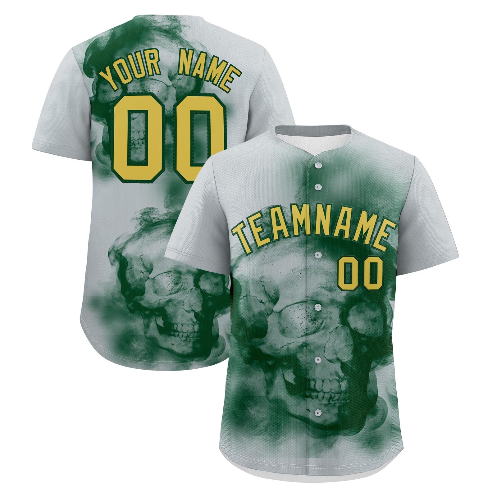 Custom Silver Dark Green Old Gold skeleton Graffiti Pattern Quick Dry Baseball Jersey| KXKSHOP