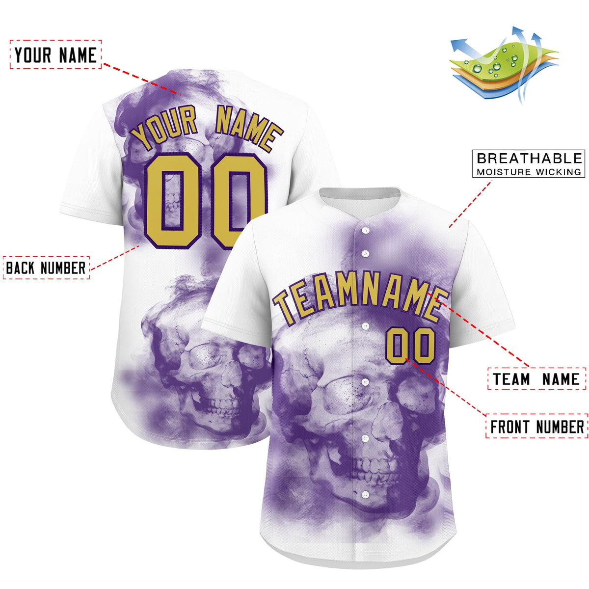 Custom White Purple Old Gold skeleton Graffiti Pattern Quick Dry Baseball Jersey| KXKSHOP