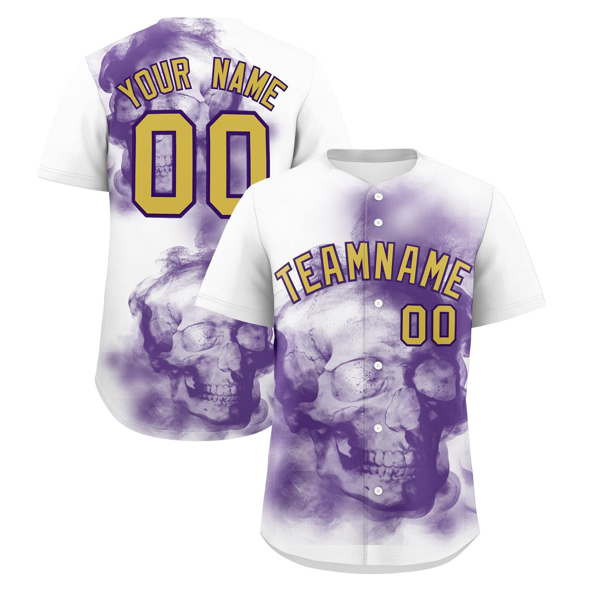 Custom White Purple Old Gold skeleton Graffiti Pattern Quick Dry Baseball Jersey| KXKSHOP