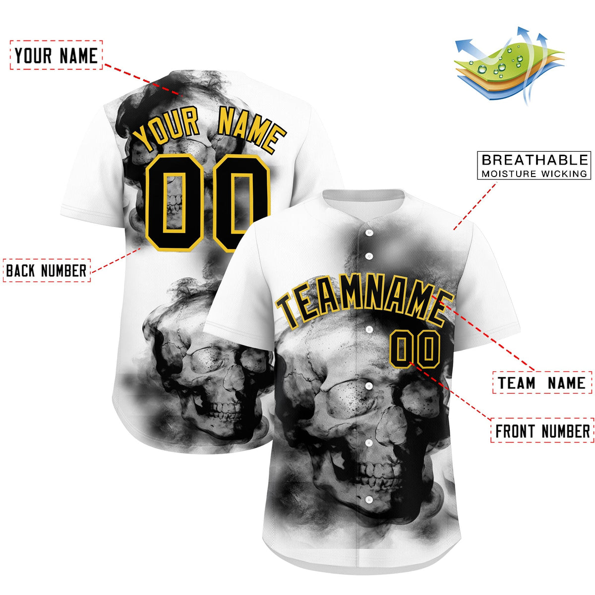 Custom White Black Gold skeleton Graffiti Pattern Lightweight Baseball Jersey| KXKSHOP