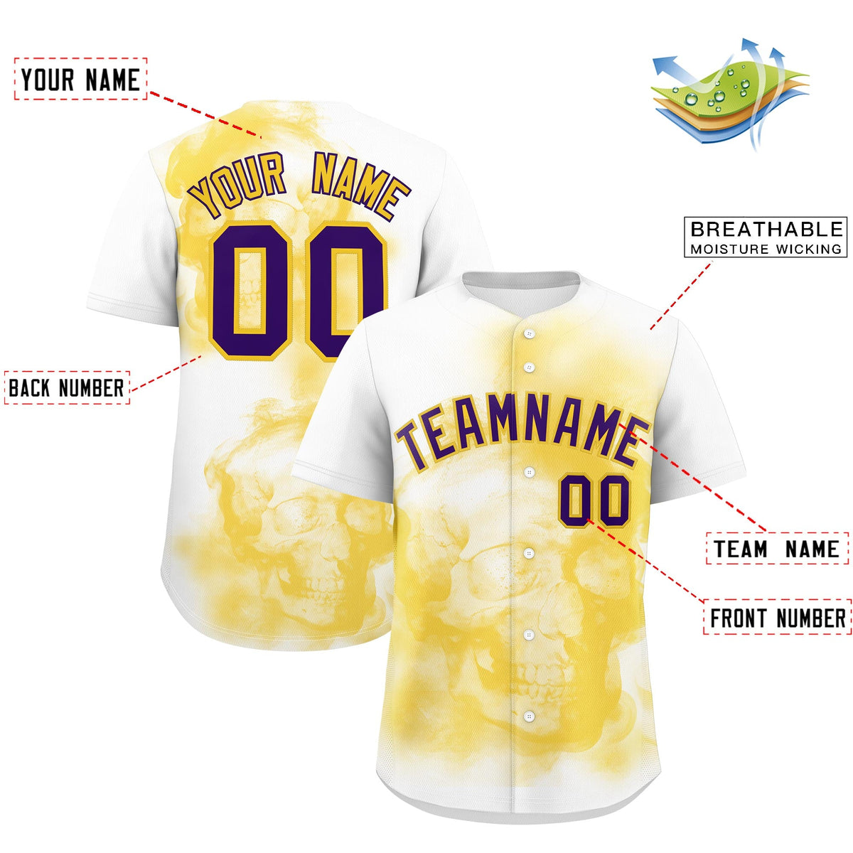 Custom White Gold Purple skeleton Graffiti Pattern Quick Dry Baseball Jersey| KXKSHOP
