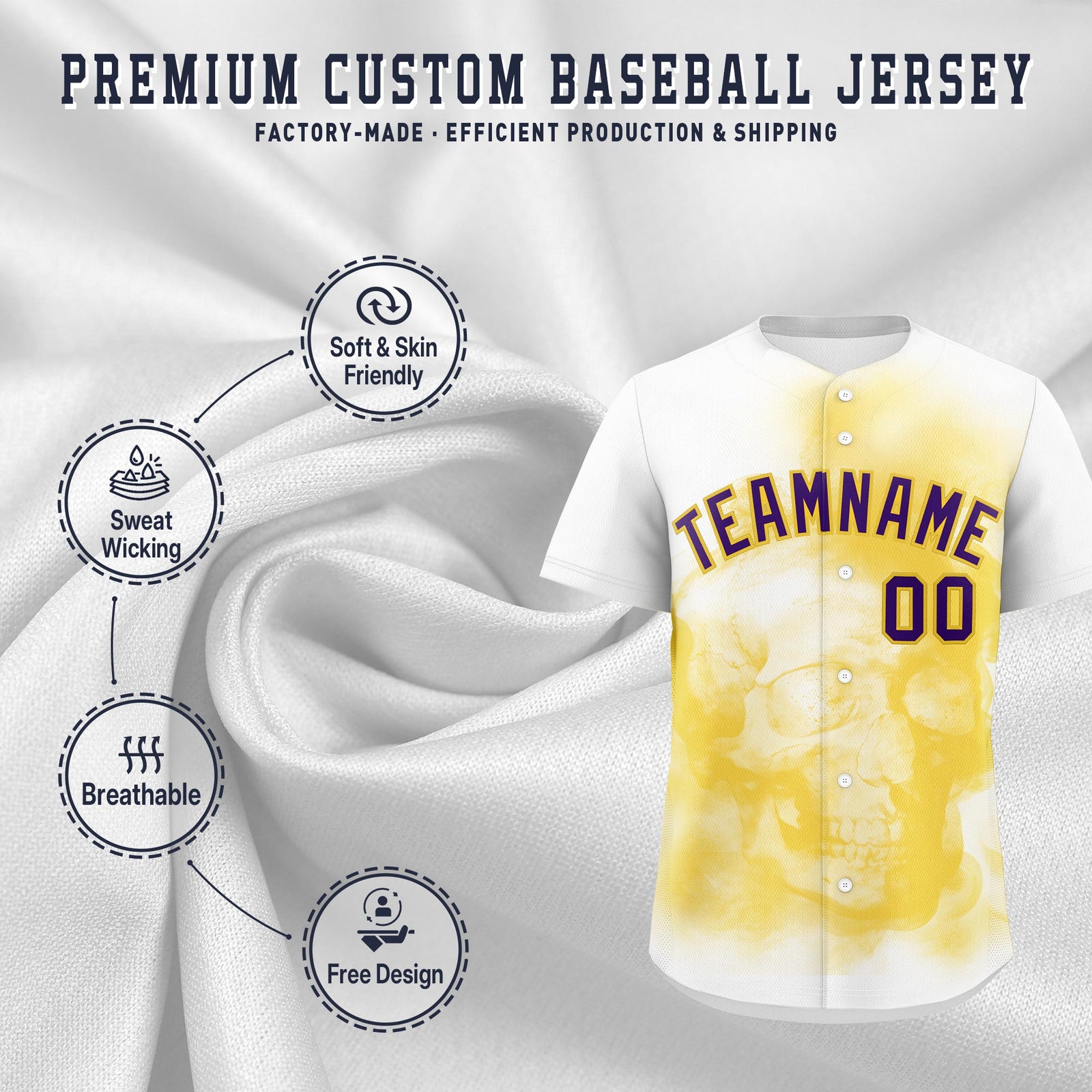Custom White Gold Purple skeleton Graffiti Pattern Quick Dry Baseball Jersey| KXKSHOP