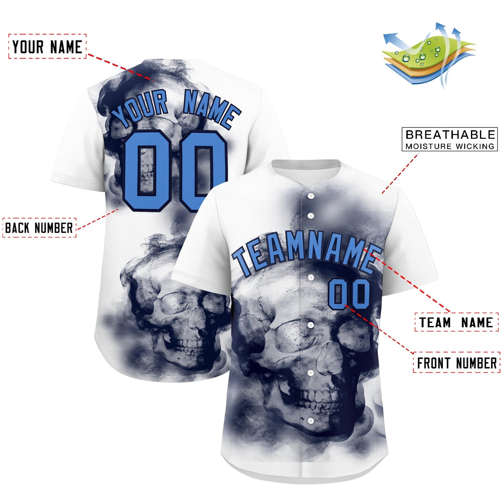 Custom White Navy Powder Blue skeleton Graffiti Pattern Lightweight Baseball Jersey| KXKSHOP