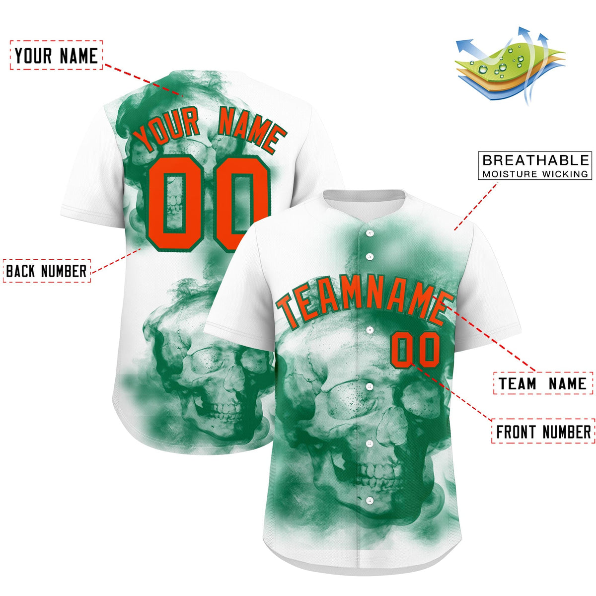 Custom White Kelly Green Orange skeleton Graffiti Pattern Quick Dry Baseball Jersey| KXKSHOP