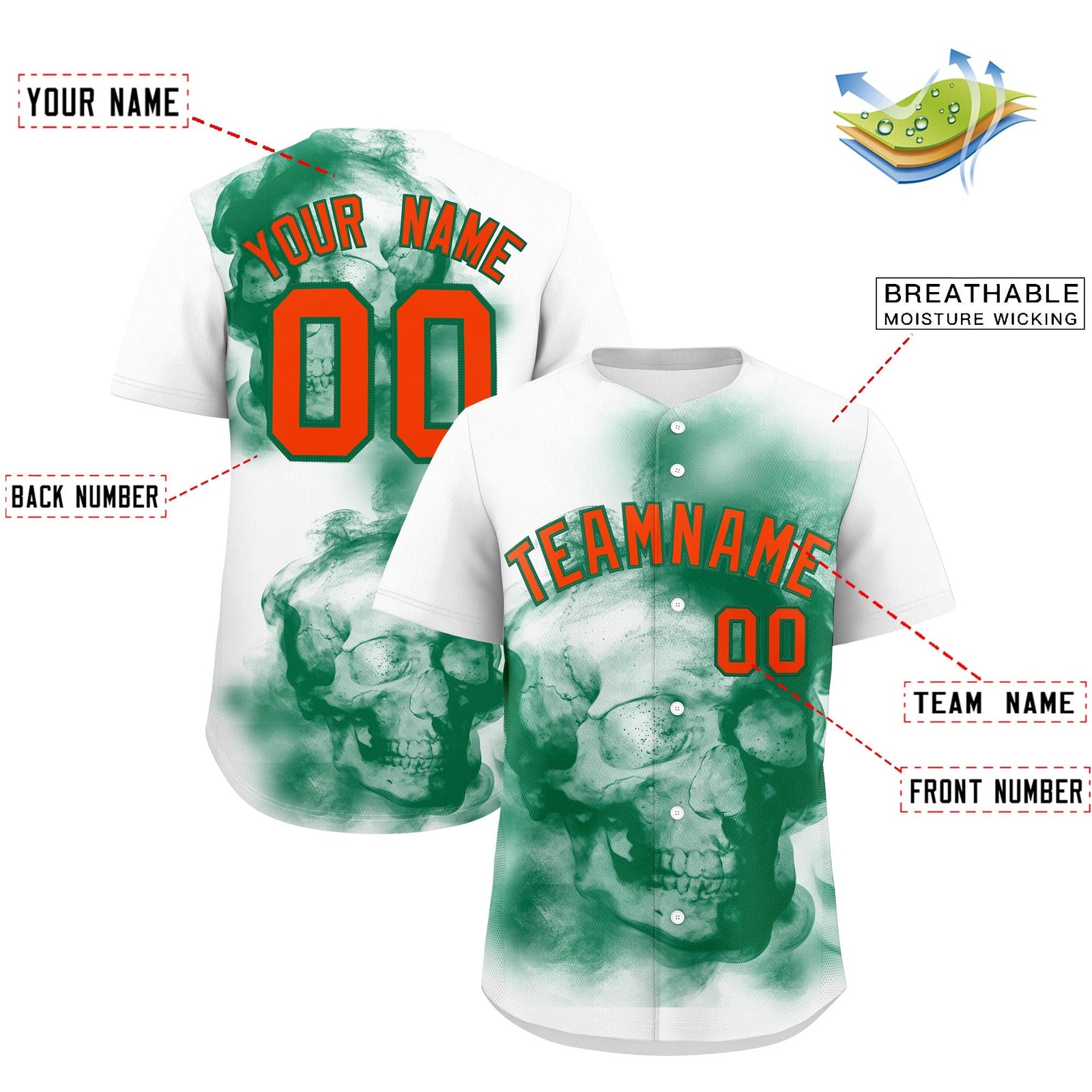 Custom White Kelly Green Orange skeleton Graffiti Pattern Quick Dry Baseball Jersey| KXKSHOP