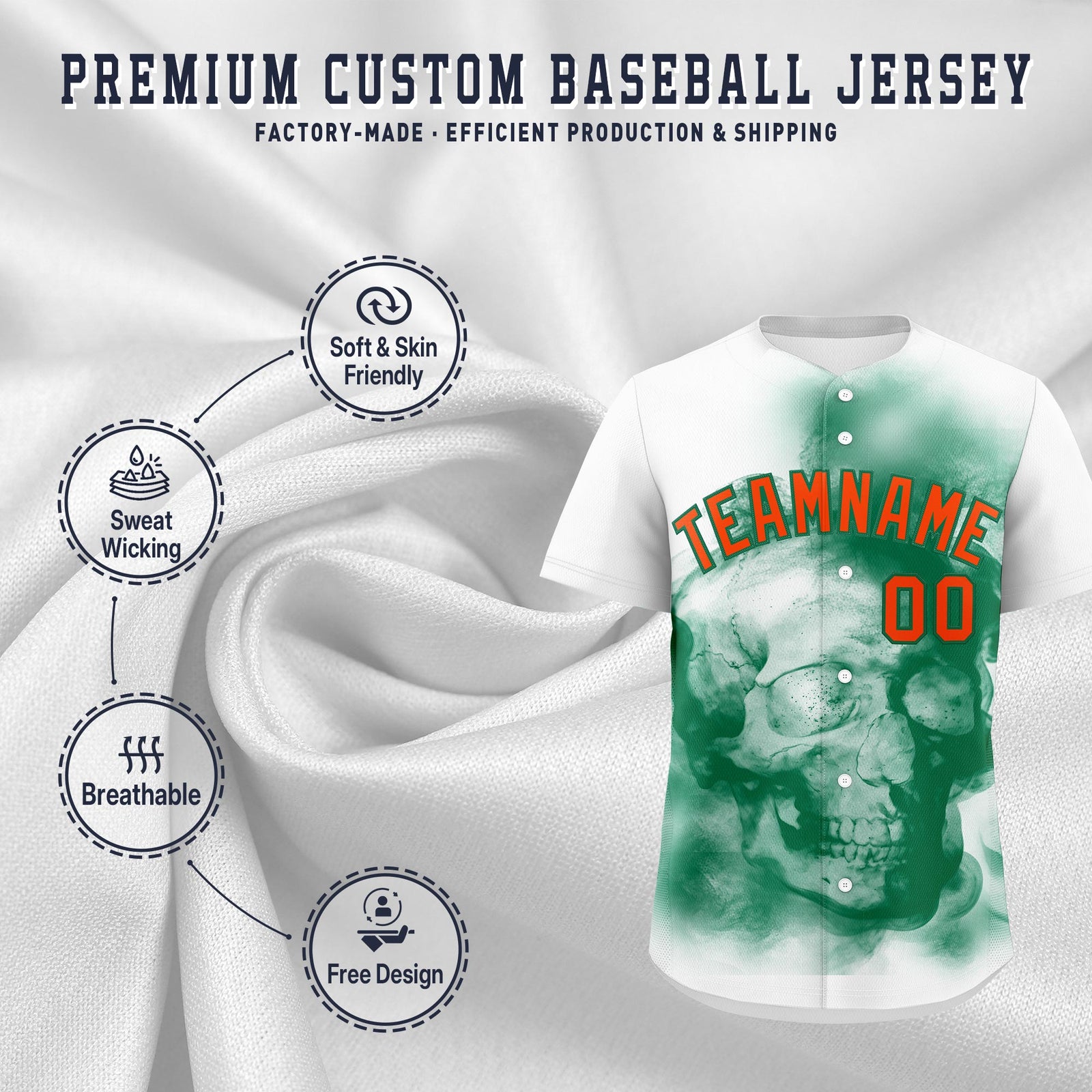 Custom White Kelly Green Orange skeleton Graffiti Pattern Quick Dry Baseball Jersey| KXKSHOP