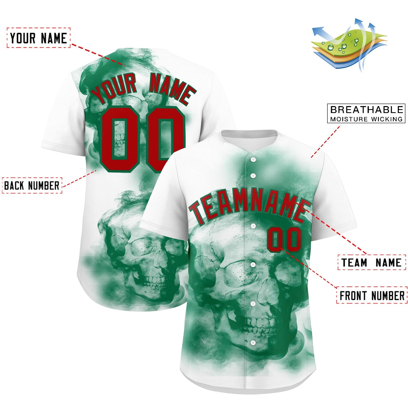 Custom White Kelly Green Red skeleton Graffiti Pattern Lightweight Baseball Jersey| KXKSHOP