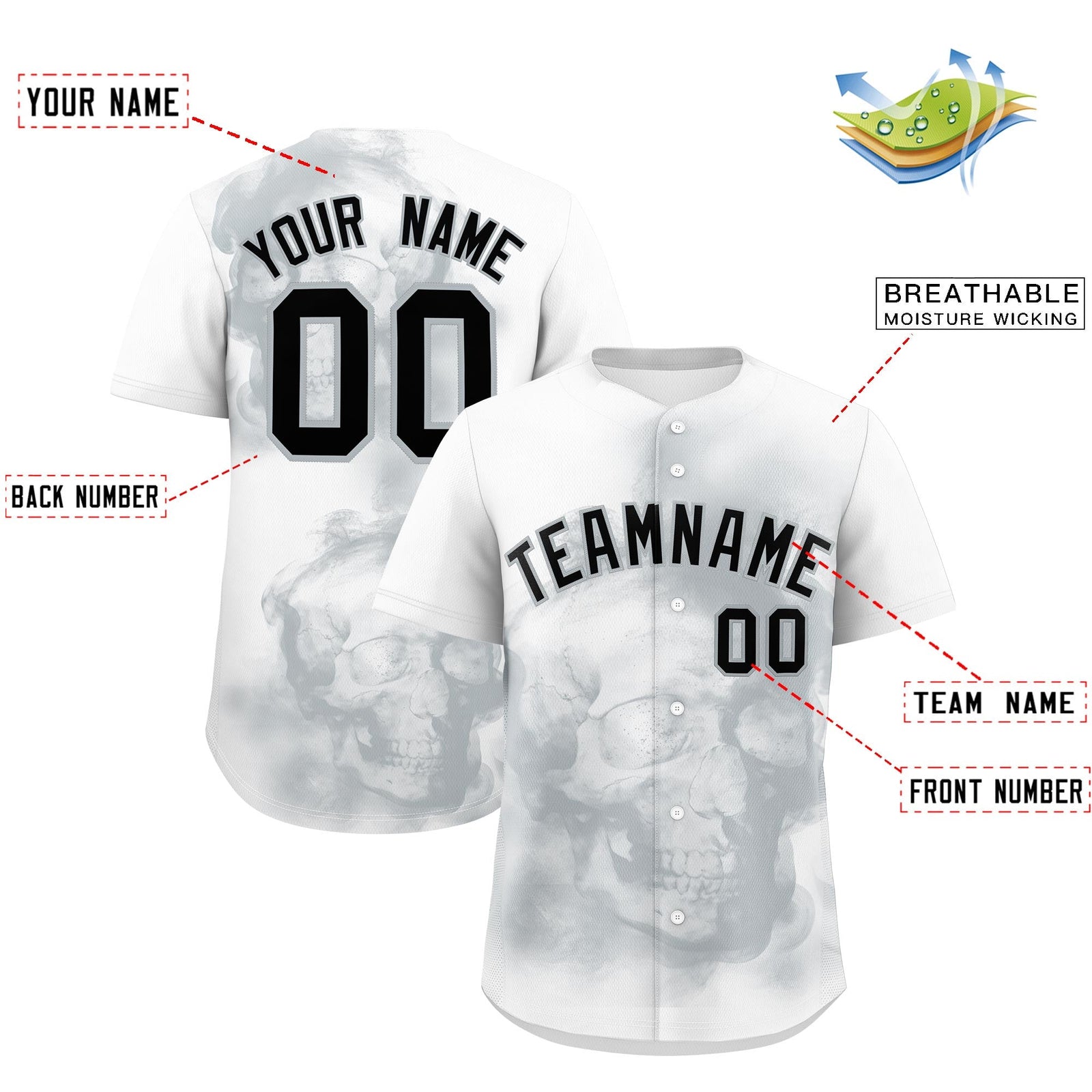 Custom White Silver Black skeleton Graffiti Pattern Quick Dry Baseball Jersey| KXKSHOP