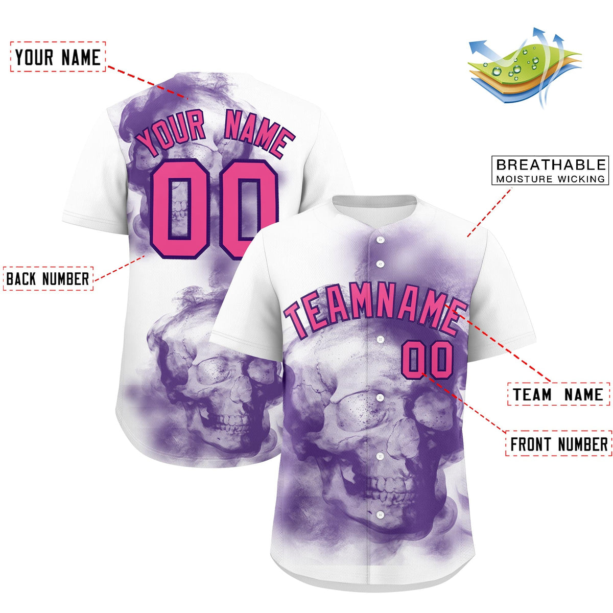 Custom White Purple Pink skeleton Graffiti Pattern Quick Dry Baseball Jersey| KXKSHOP