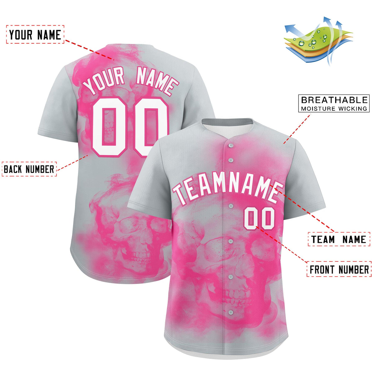 Custom Silver Pink White skeleton Graffiti Pattern Lightweight Baseball Jersey| KXKSHOP