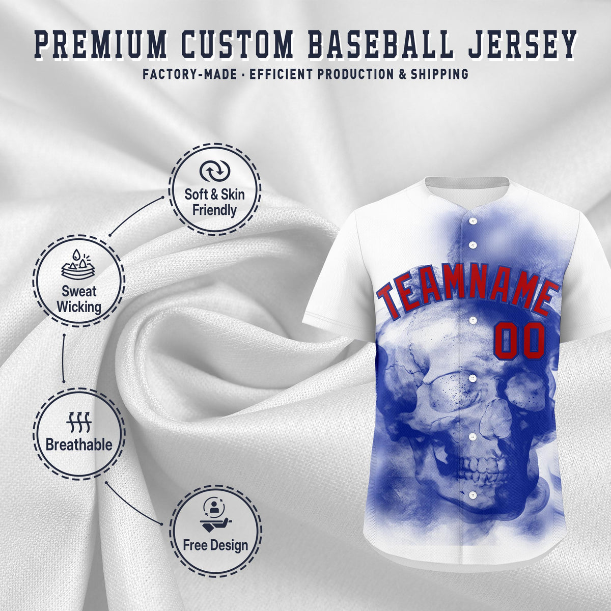 Custom White Royal Blue Red skeleton Graffiti Pattern Quick Dry Baseball Jersey| KXKSHOP