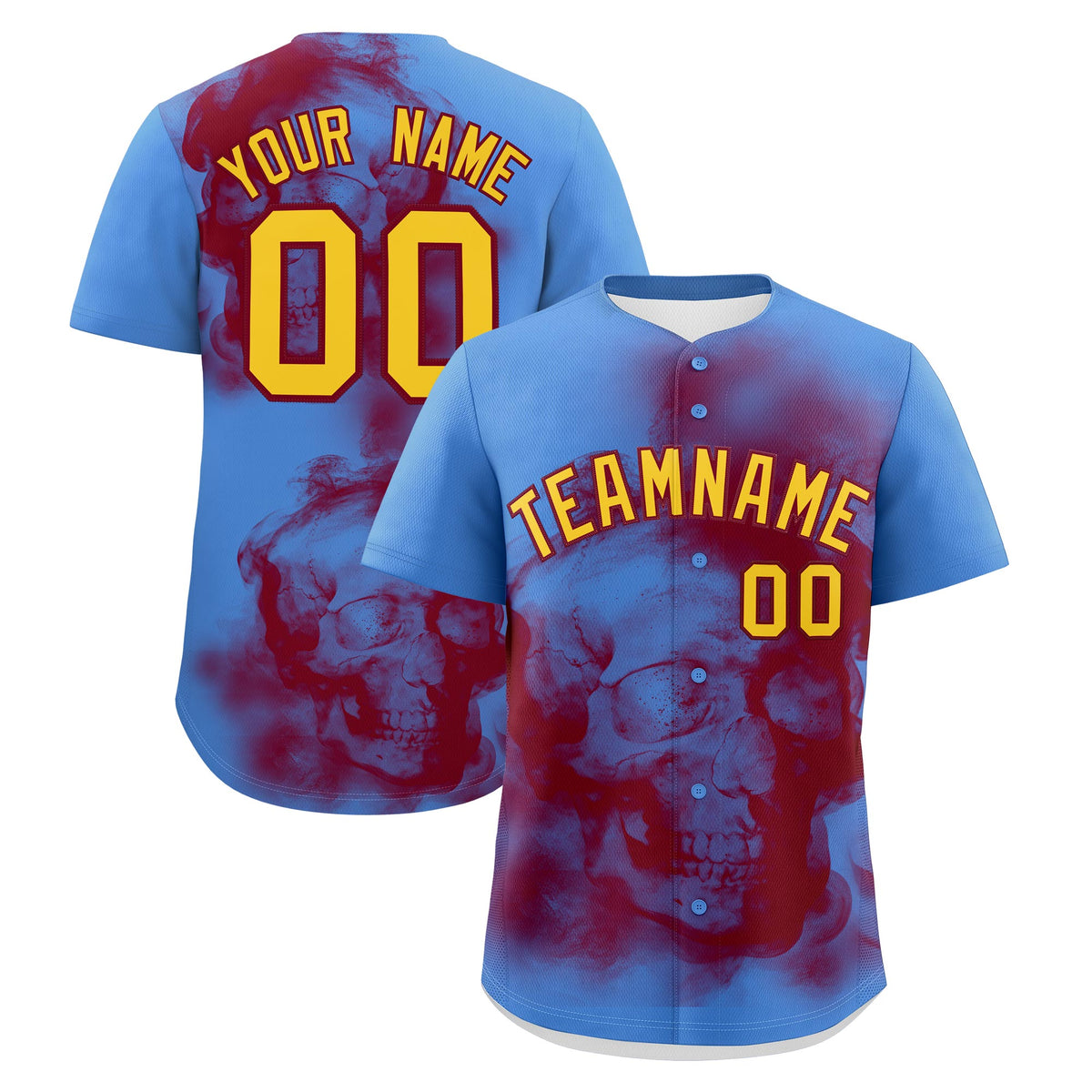 Custom Powder Blue Crimson Gold skeleton Graffiti Pattern Quick Dry Baseball Jersey| KXKSHOP