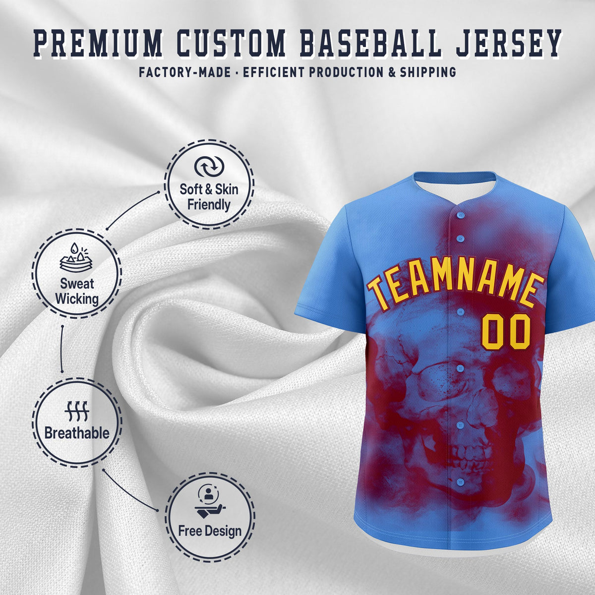 Custom Powder Blue Crimson Gold skeleton Graffiti Pattern Quick Dry Baseball Jersey| KXKSHOP